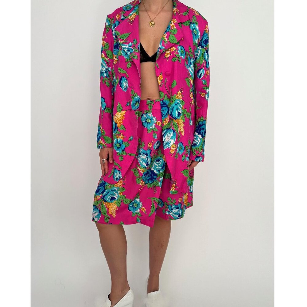 90s vintage pink floral print pure silk blazer midi skirt coord matching set